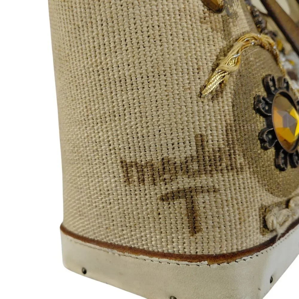 Enid Collins of Texas Model T Canvas Tote Purse Jeweled Wood Bottom 1960s HTF